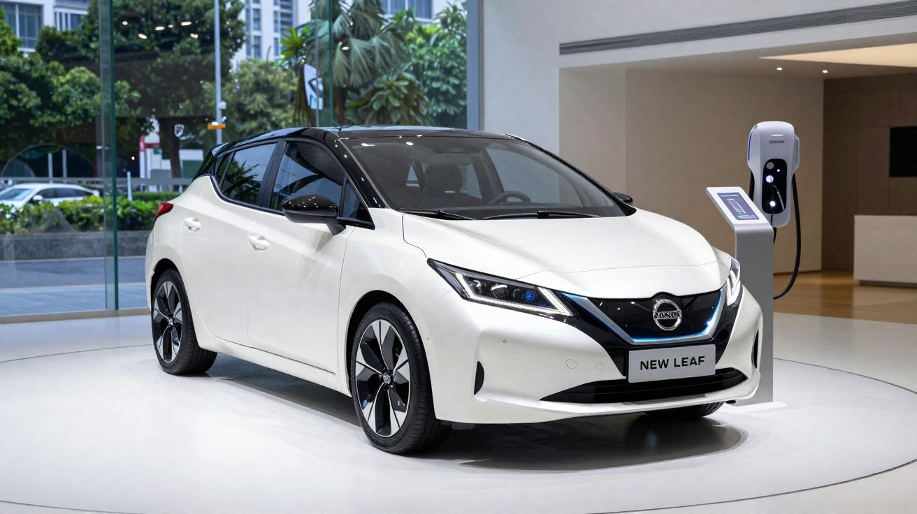 Carro elétrico Nissan New Leaf branco em exposição, ao lado de estação de carregamento.