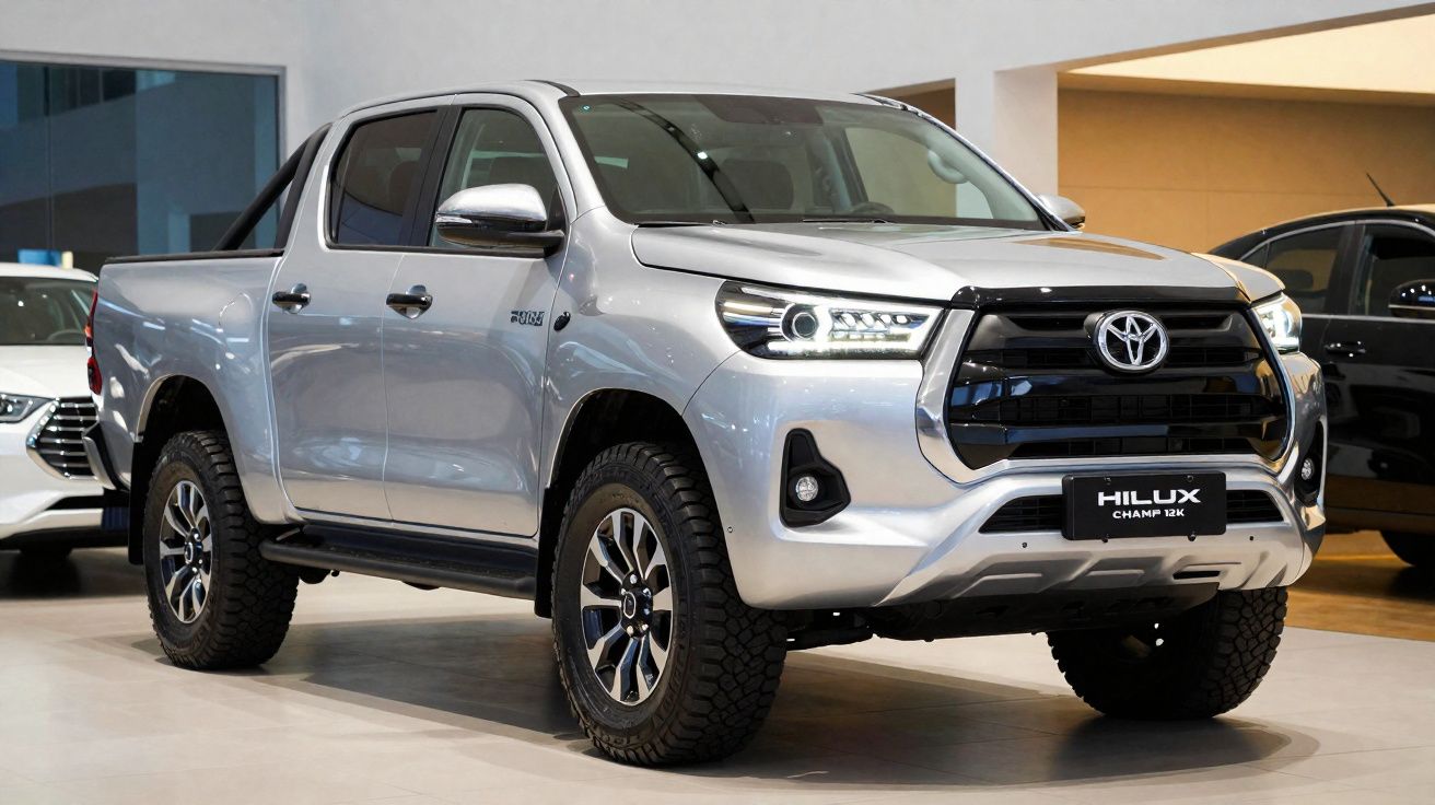 Picape prata Toyota Hilux Champ 12K exibida em showroom moderno.