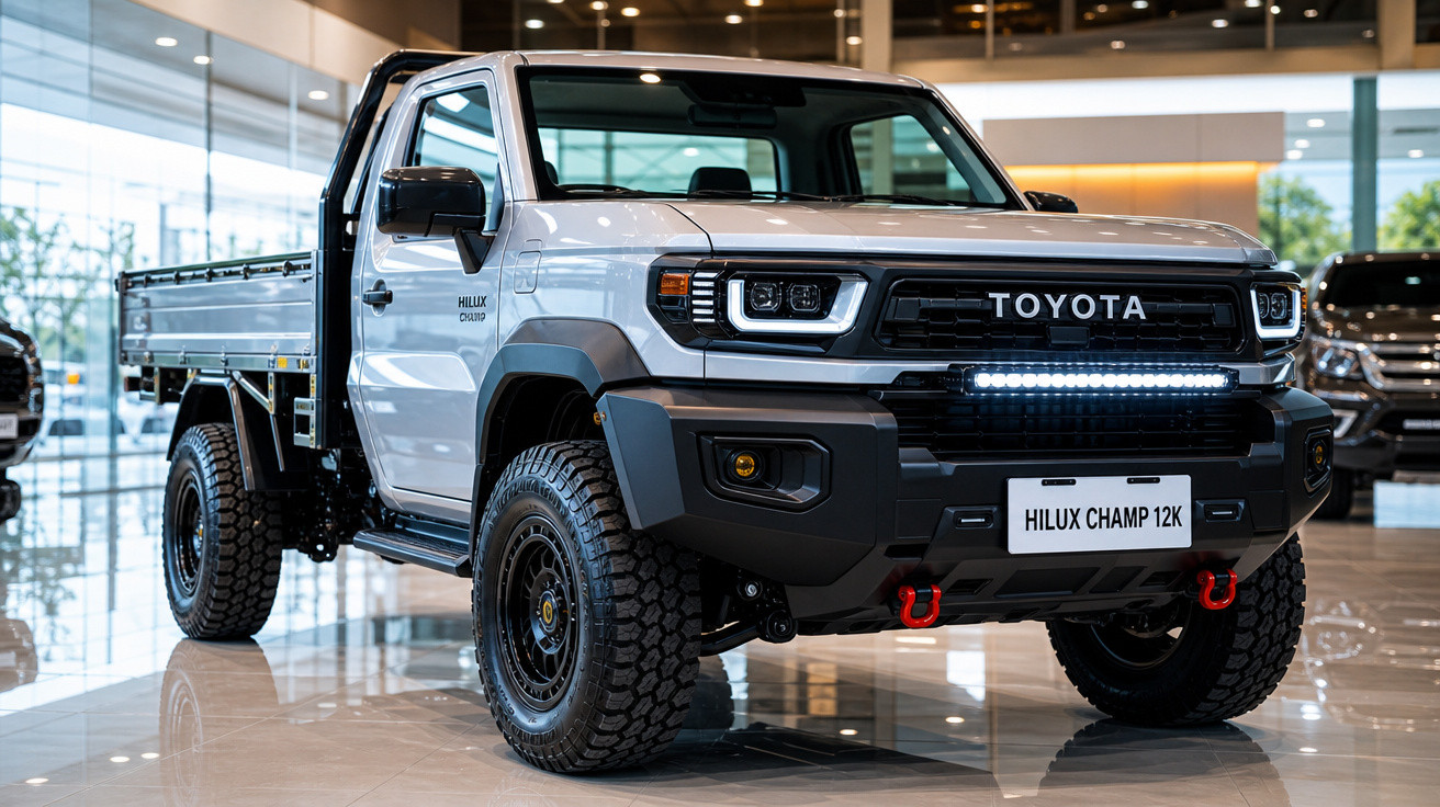 Picape Toyota Hilux Champ 12K prata exposta em showroom com pneus off-road e detalhes pretos.