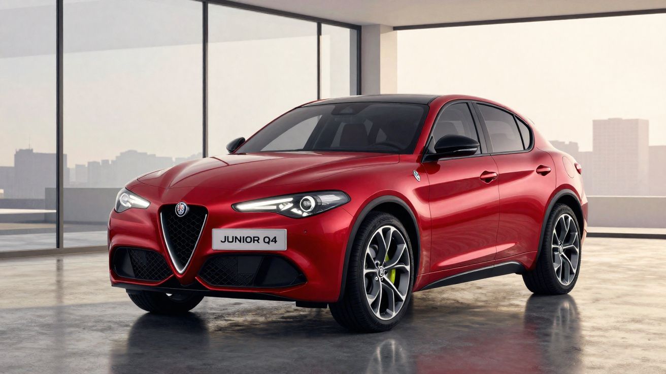 Carro vermelho Alfa Romeo Junior Q4 estacionado em ambiente interno com vidro e vista urbana ao fundo.