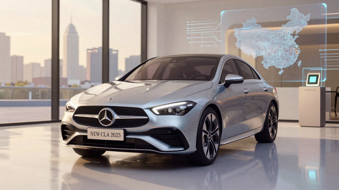 Carro prata Mercedes-Benz New CLA 2025 em showroom moderno com mapa digital ao fundo.