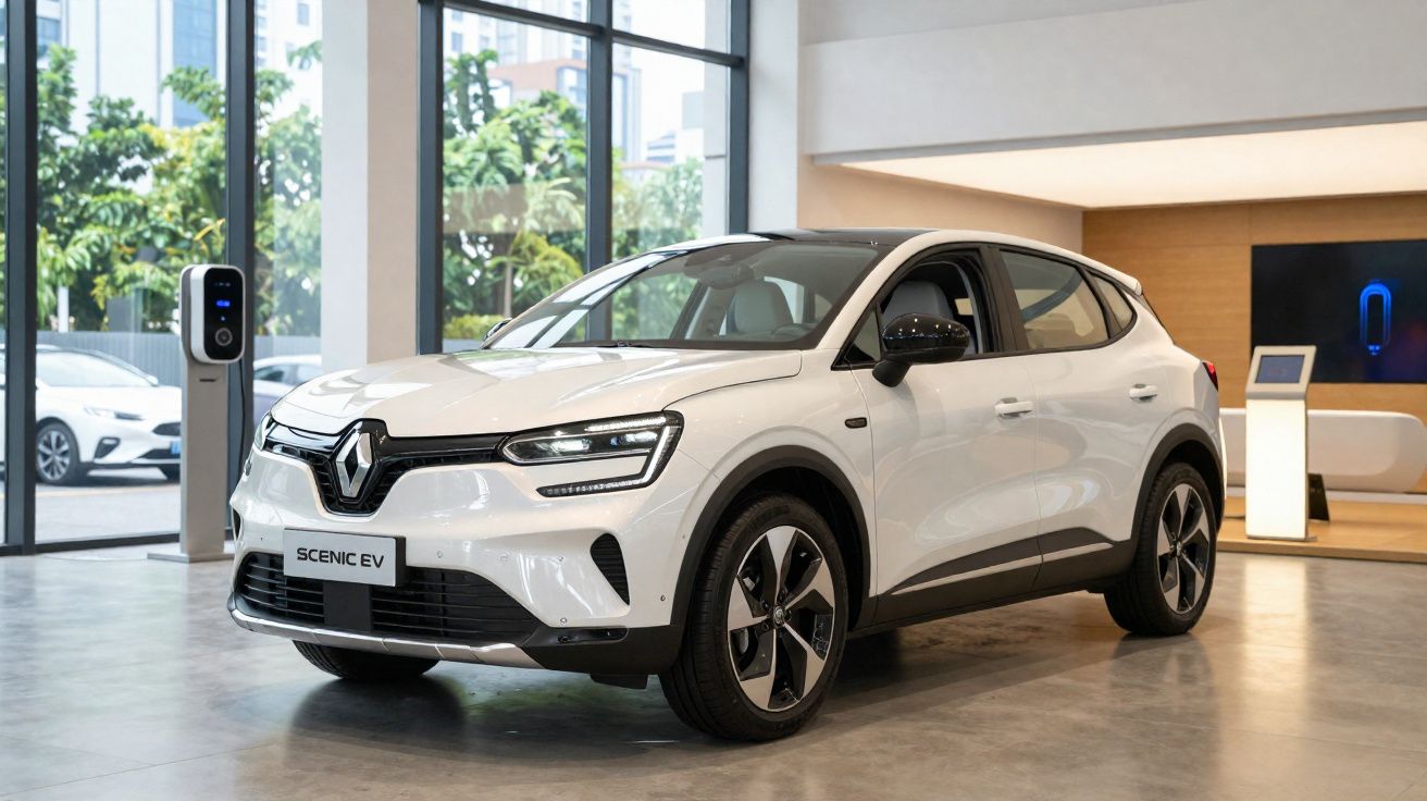 Carro elétrico Renault Scenic EV branco estacionado em showroom moderno com carregador ao lado.