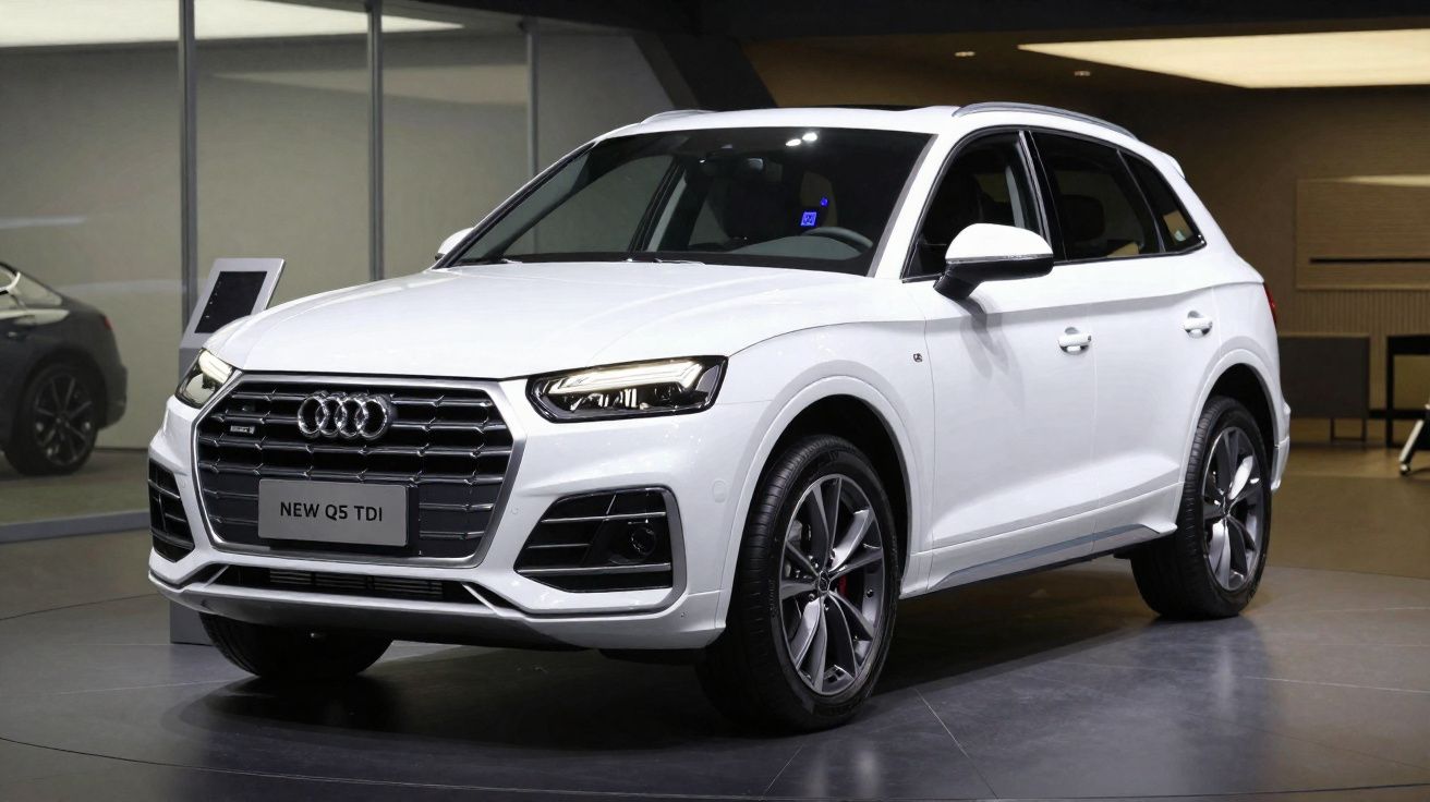 Carro SUV branco Audi Q5 TDI exibido em ambiente interno com piso escuro e iluminação suave.