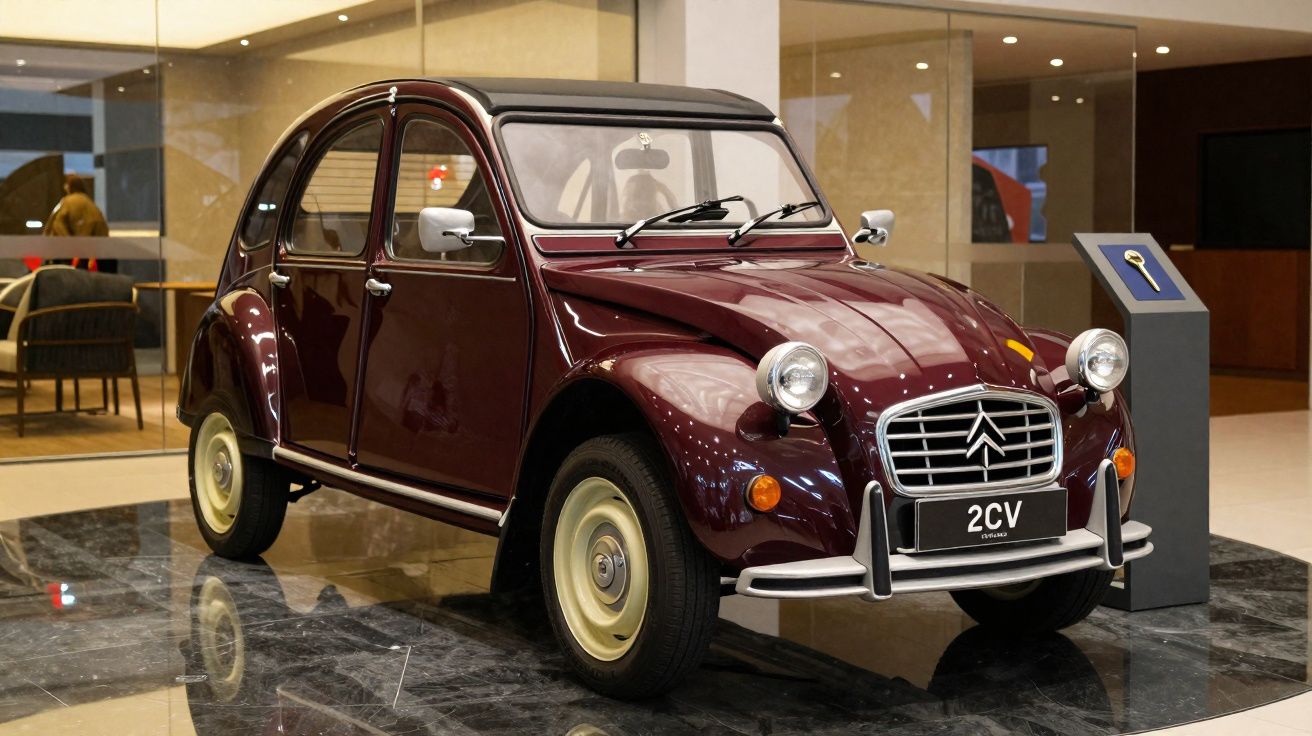 Carro clássico Citroën 2CV vinho exposto em ambiente interno com piso de mármore.