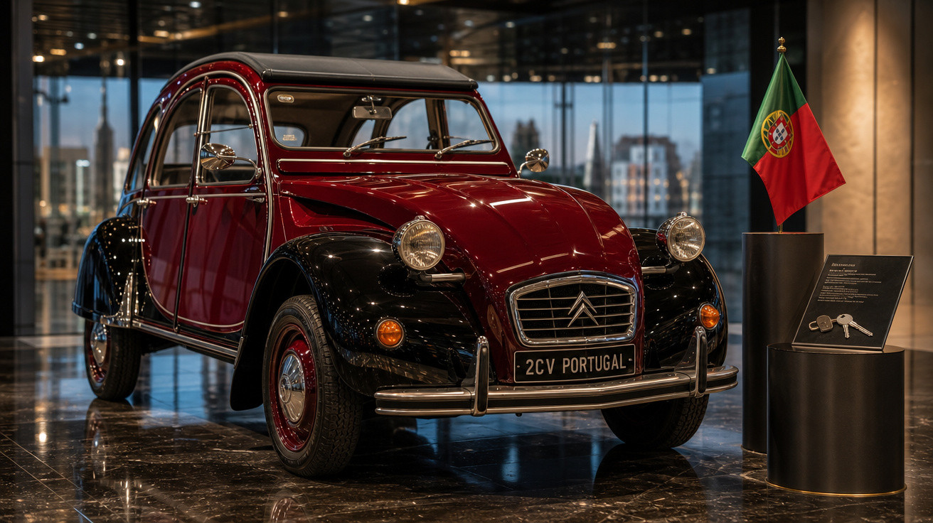 Carro clássico Citroën 2CV bicolor em exibição com a bandeira de Portugal ao lado.