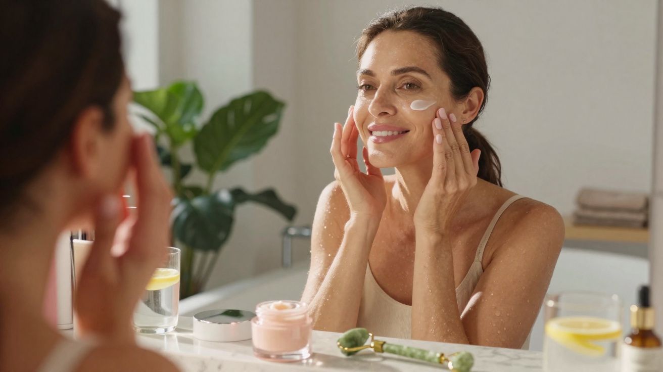 Mulher aplicando creme facial e sorrindo em frente ao espelho no banheiro.