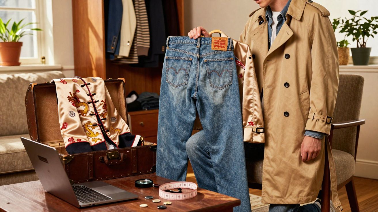 Pessoa com casaco bege medindo calça jeans azul em sala com mesa, mala, laptop e plantas.