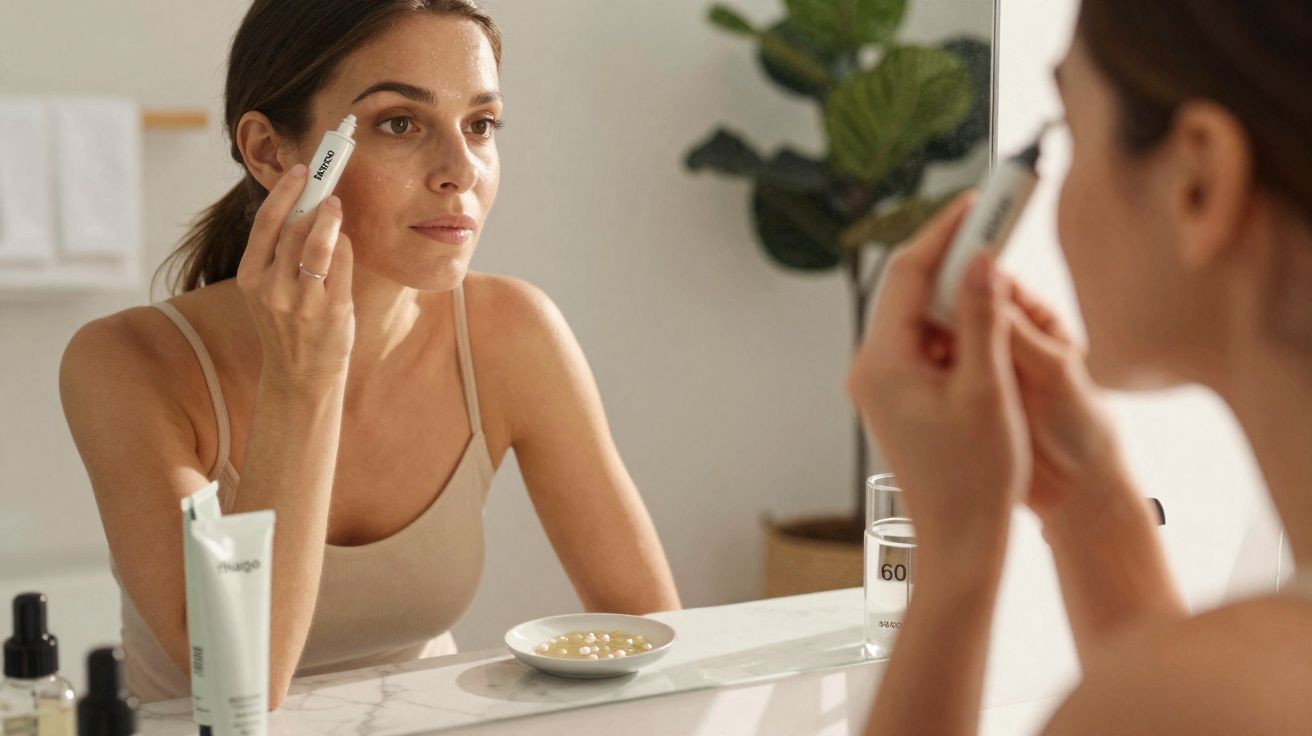 Mulher aplicando produto facial com os olhos no espelho em banheiro iluminado.
