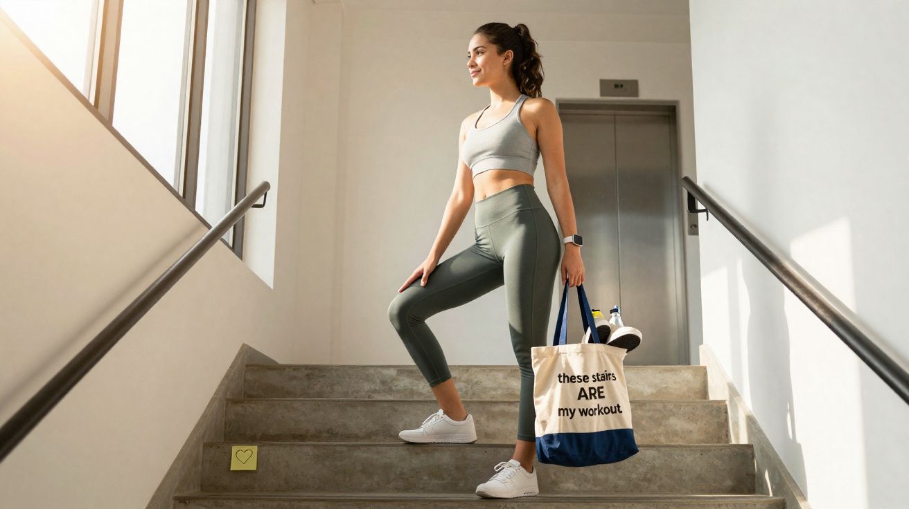Mulher em roupa fitness segura bolsa e sobe escada interna com elevador ao fundo em ambiente iluminado.