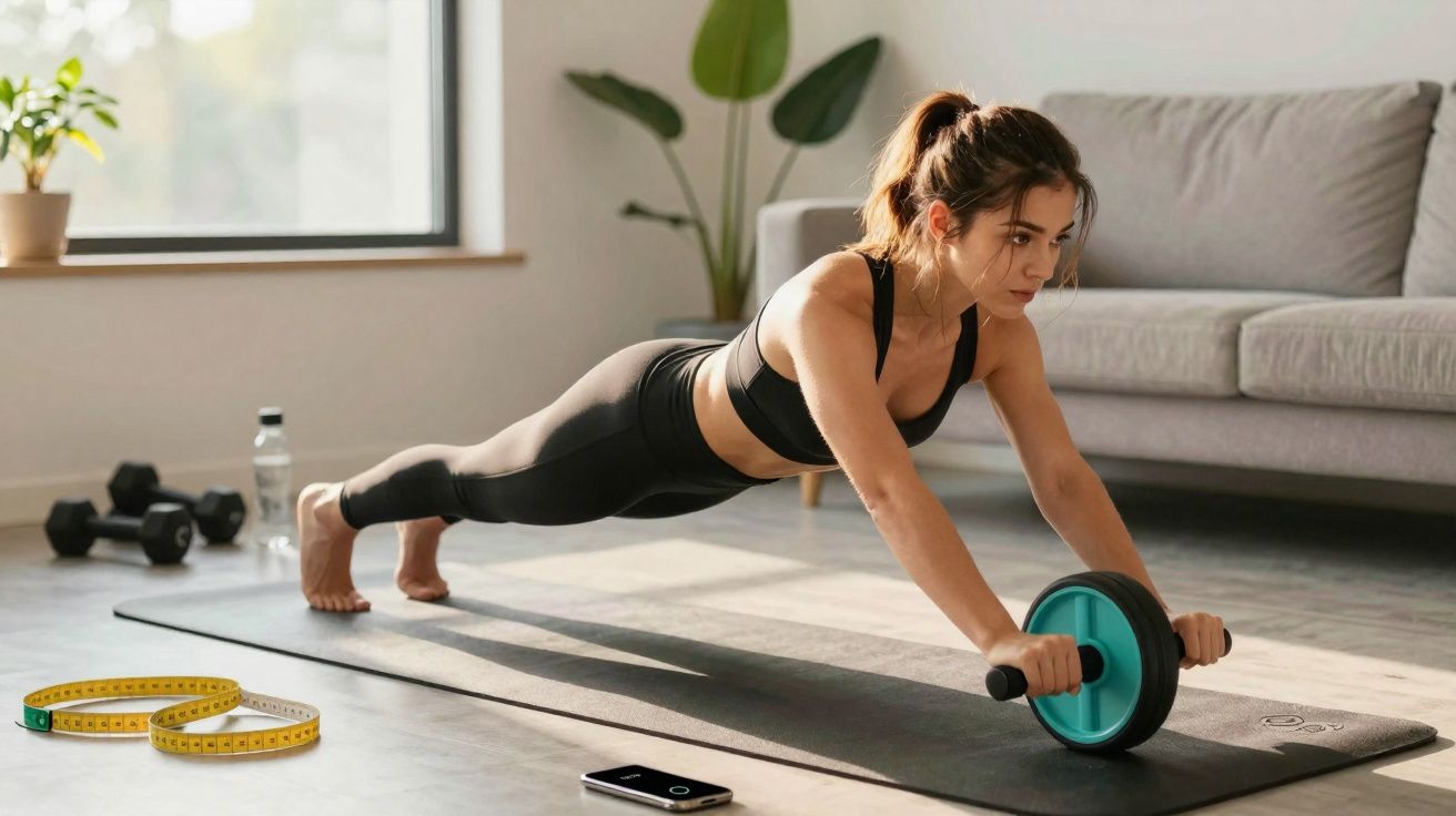 Mulher fazendo exercício com roda de abdominal em tapete em sala com peso, fita métrica e celular no chão.