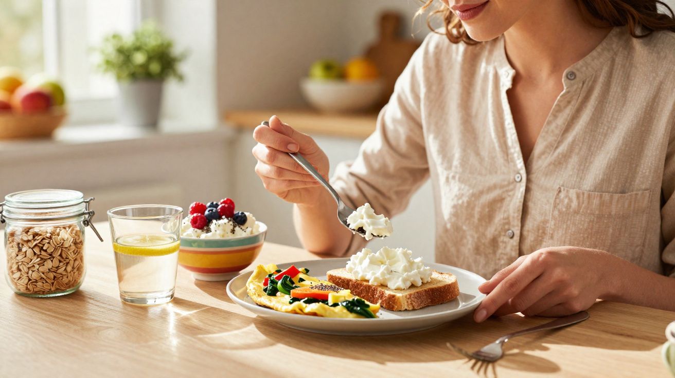 Mulher com roupa bege comendo torrada com queijo cottage e omelete, com granola e água com limão na mesa.