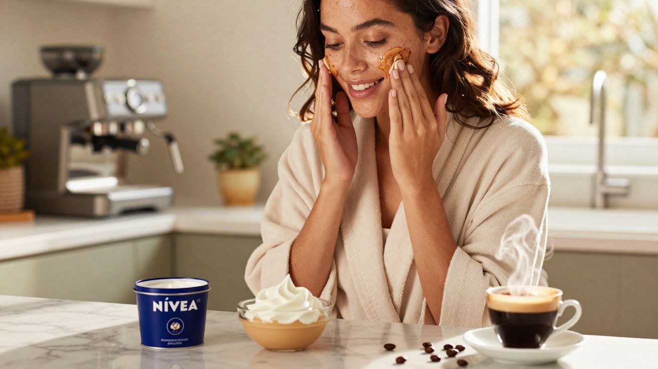 Mulher aplicando creme facial com pote Nivea na bancada da cozinha ao lado de café e creme.