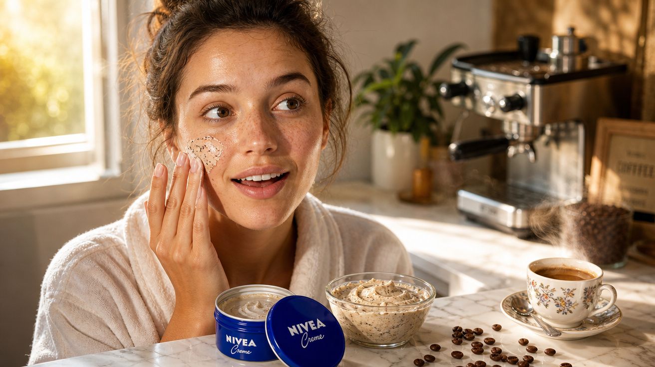 Mulher aplicando creme facial esfoliante Nivea na cozinha, com xícara de café e grãos ao redor.