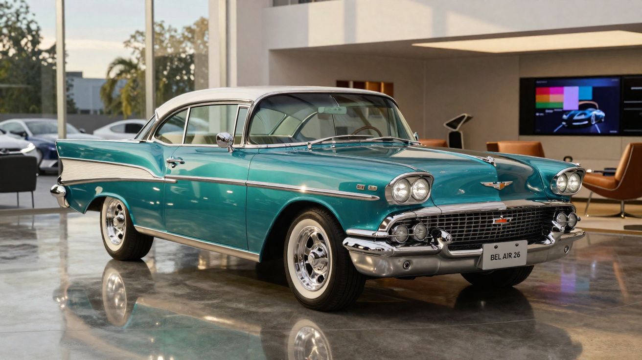 Carro clássico Chevrolet Bel Air 1958 verde com teto branco em ambiente interno moderno.