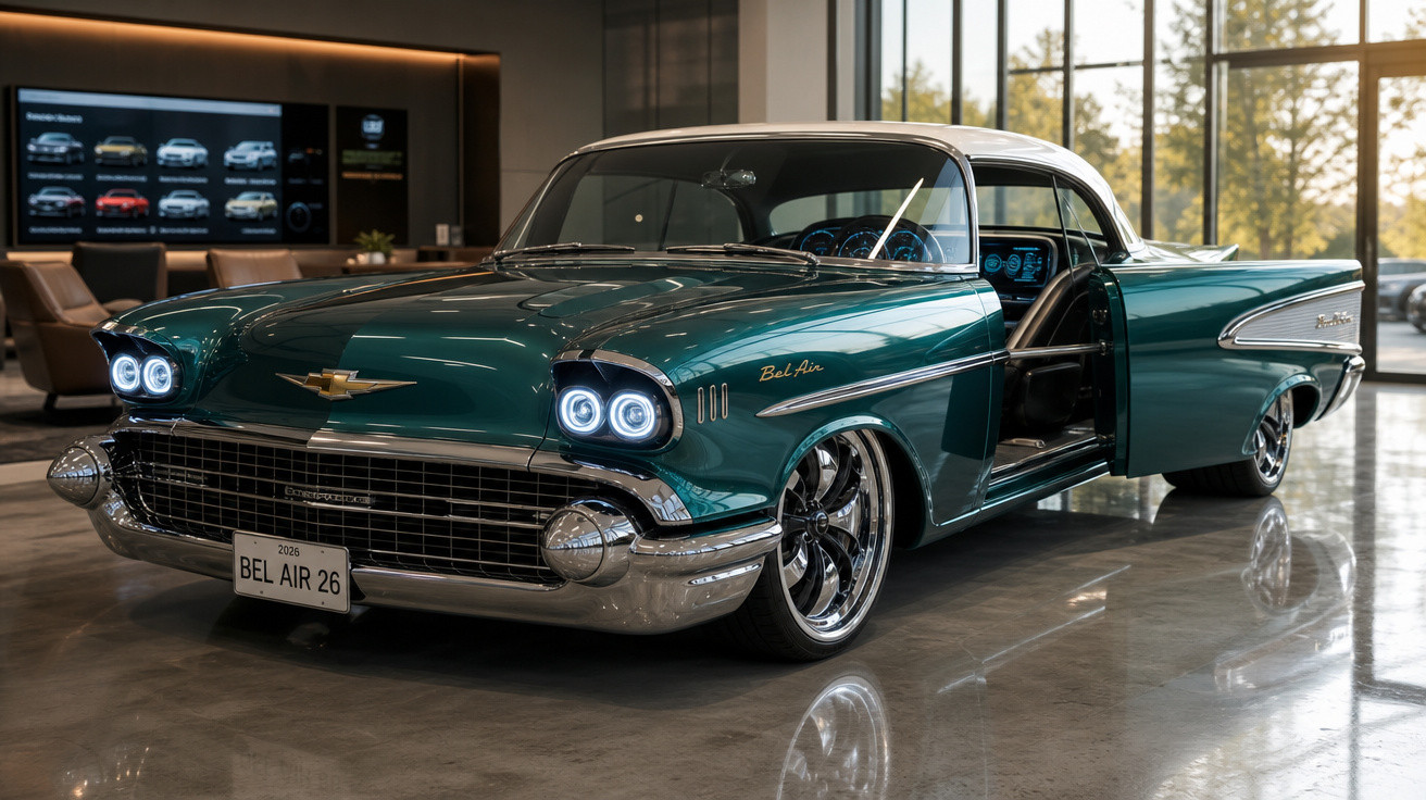 Carro clássico Chevrolet Bel Air 1957 verde com teto branco em showroom moderno com porta aberta.