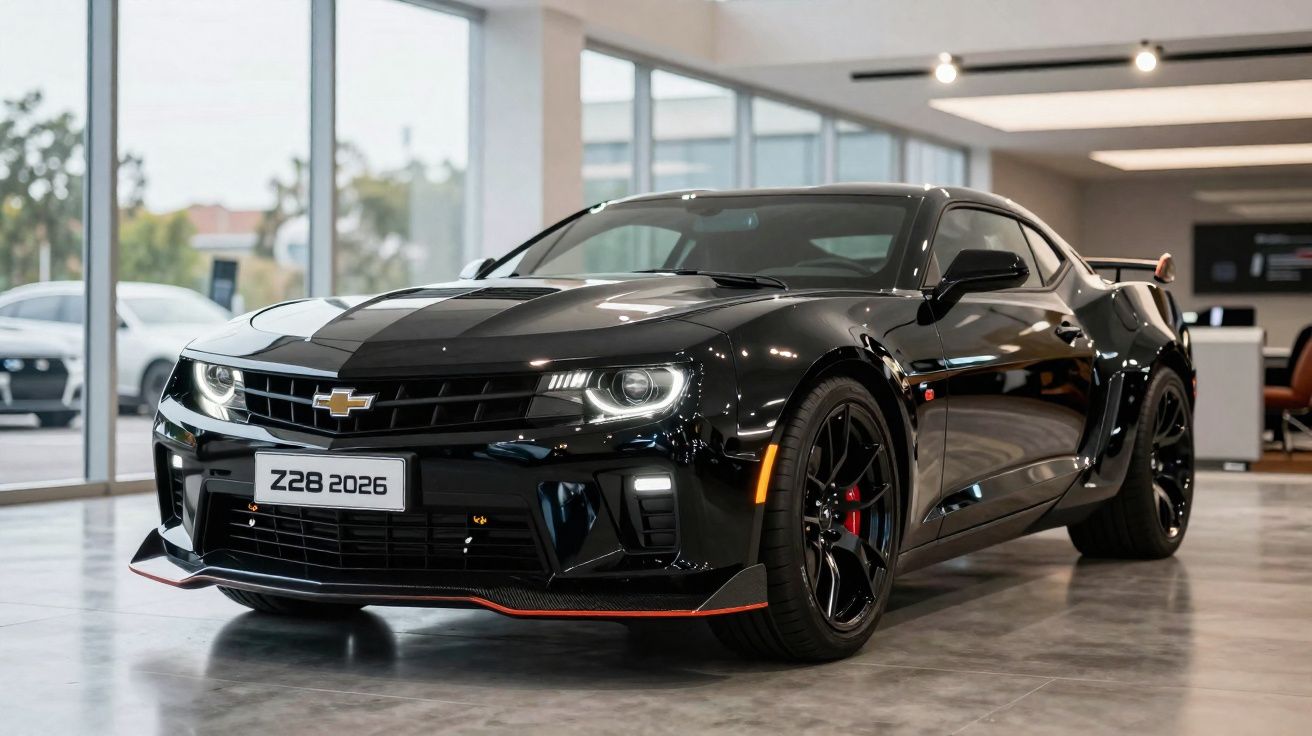 Carro esportivo preto Chevrolet Camaro Z28 2026 exibido em showroom moderno com vidros grandes.