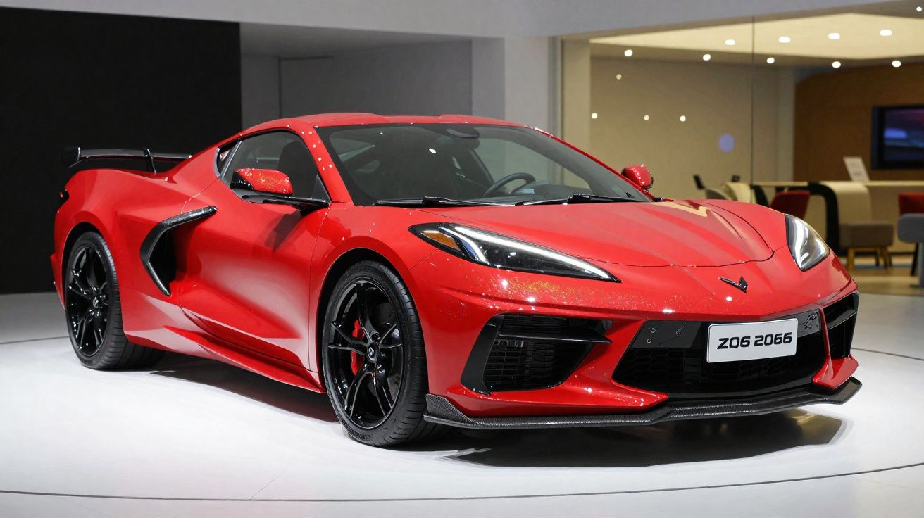 Carro esportivo vermelho Chevrolet Corvette Z06 2066 exibido em salão automotivo moderno.
