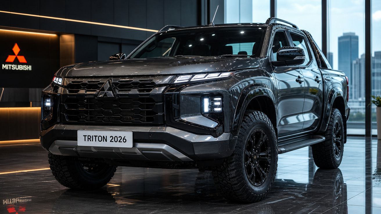 Picape Mitsubishi Triton 2026 preta exibida em showroom moderno com fachada envidraçada.