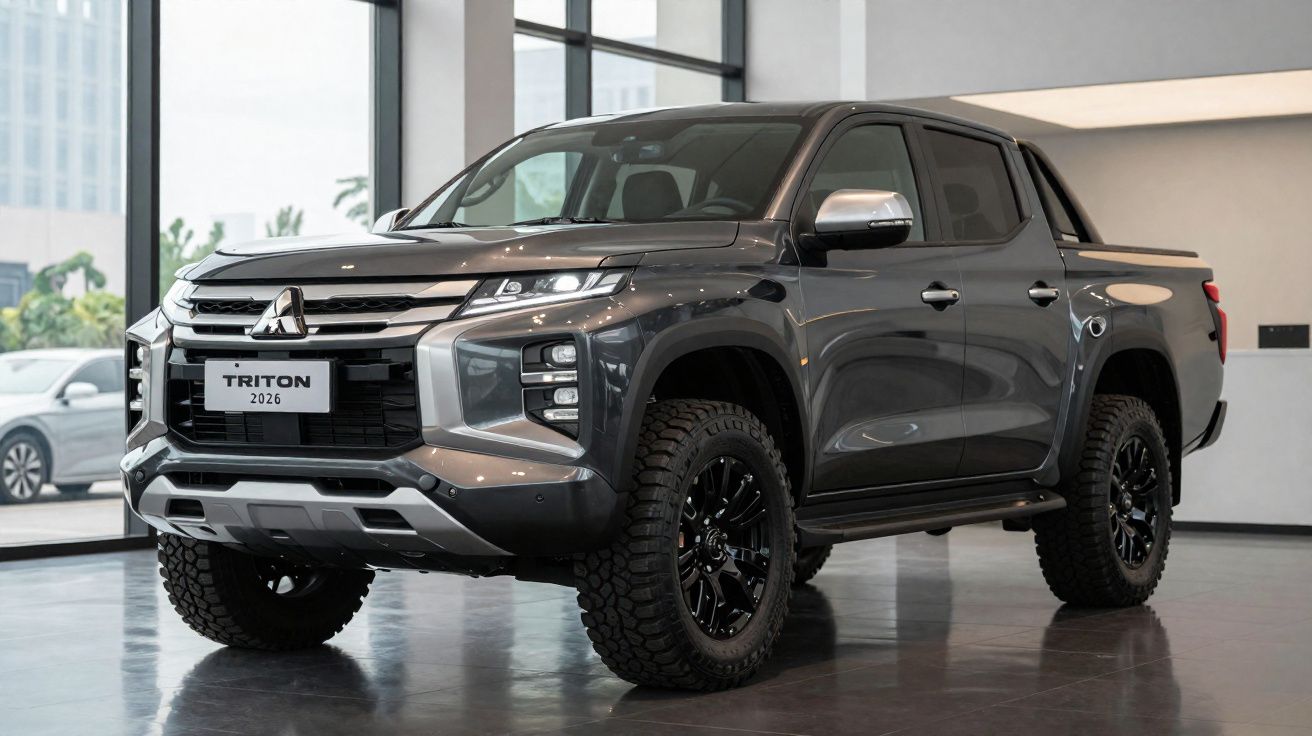 Picape Mitsubishi Triton 2026 cinza escuro, exibida em ambiente interno com pneus off-road.