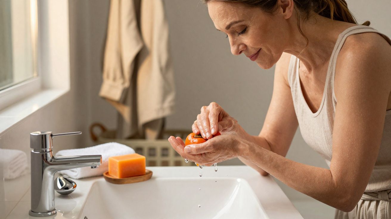 Mulher lavando mãos com água em uma pia branca, em ambiente iluminado e com sabonete laranja.