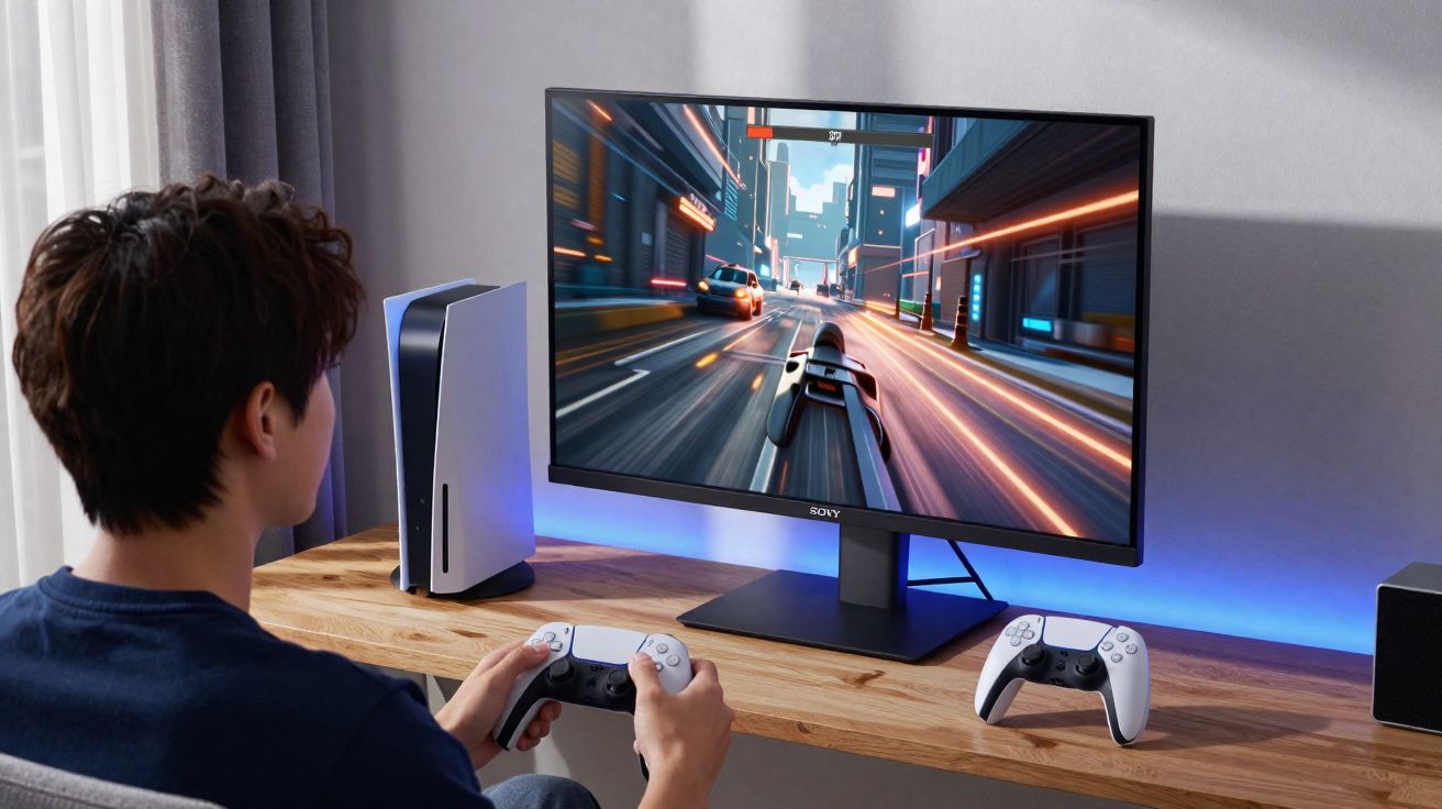 Pessoa jogando videogame de corrida em monitor com console PlayStation 5 em mesa de madeira.