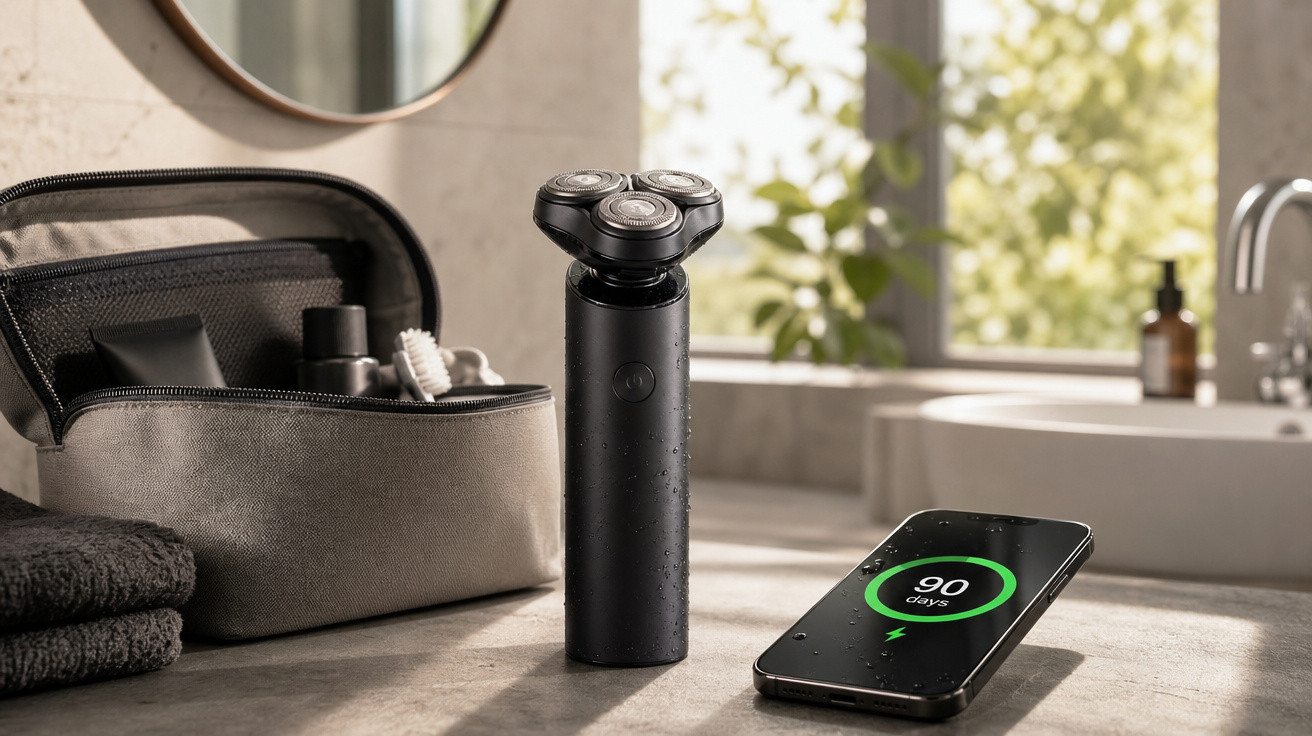 Aparador de barba preto com gotas d’água, smartphone com 90% de carga e nécessaire em bancada de banheiro.