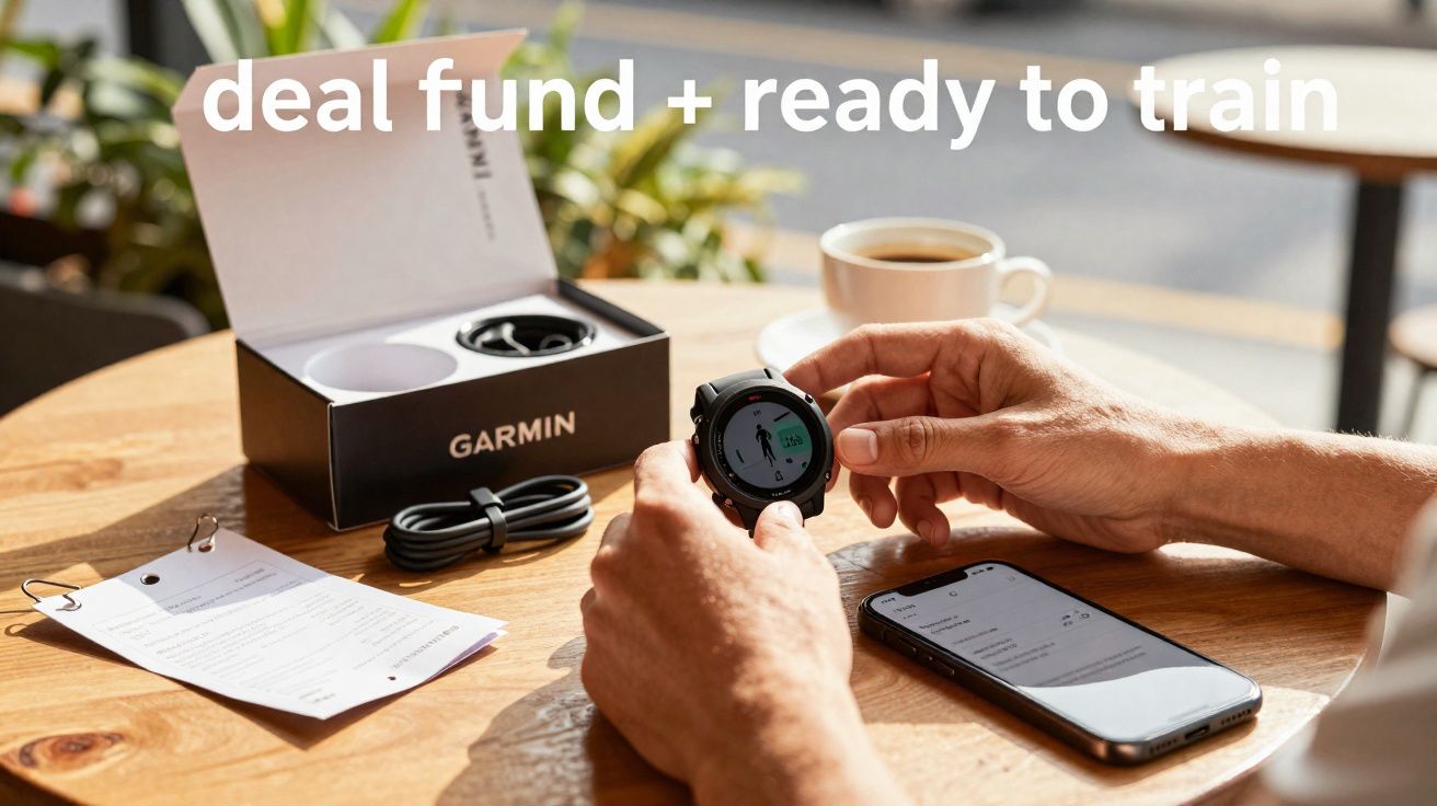 Pessoa ajustando relógio Garmin ao lado de celular, caixa do produto e xícara de café sobre mesa wooden.