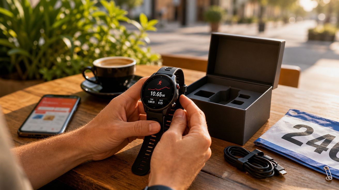 Pessoa segurando smartwatch preto com dados de corrida, mesa de madeira com caixa, carregador, celular e xícara de café.