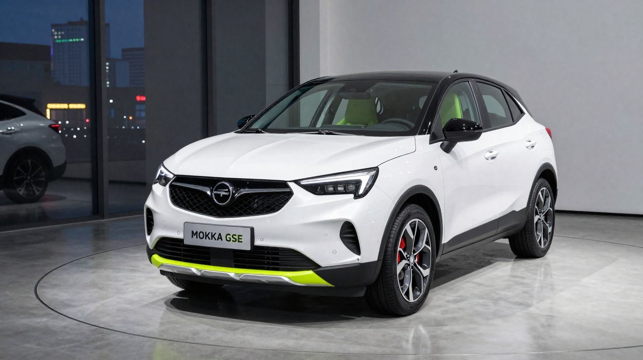 Carro SUV branco Opel Mokka GSE em showroom com detalhes em preto e verde neon.