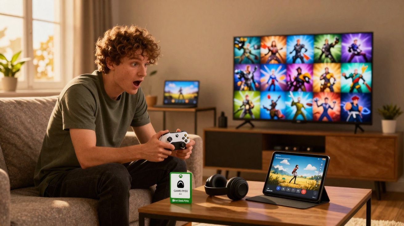 Jovem jogando videogame com controle, TV e tablet ligados, sentado no sofá em sala iluminada.