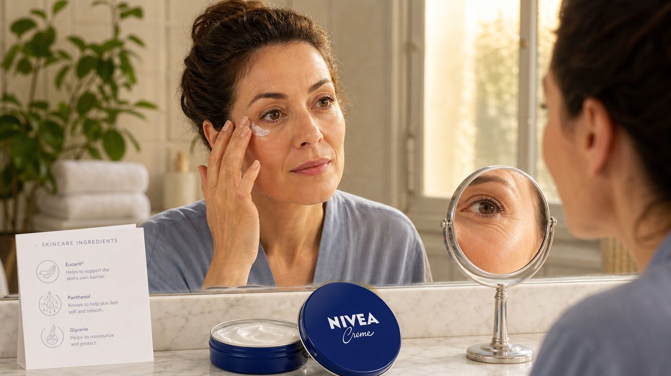 Mulher aplicando creme facial Nivea perto de espelho em banheiro iluminado.