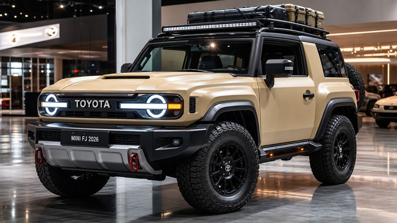 Toyota Mini FJ 2026 bege estilizado para off-road com faróis circulares e bagageiro no teto em showroom.