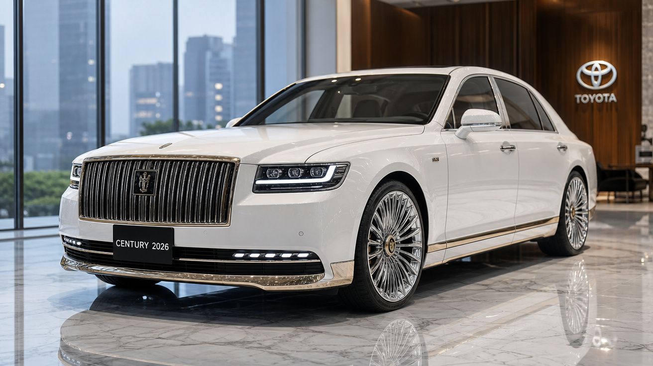 Carro sedan branco Toyota Century 2026 luxuoso exibido em showroom moderno com piso de mármore.