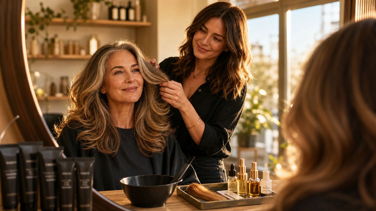 Mulher sorrindo enquanto profissional arruma seu cabelo em salão moderno iluminado pela luz natural.