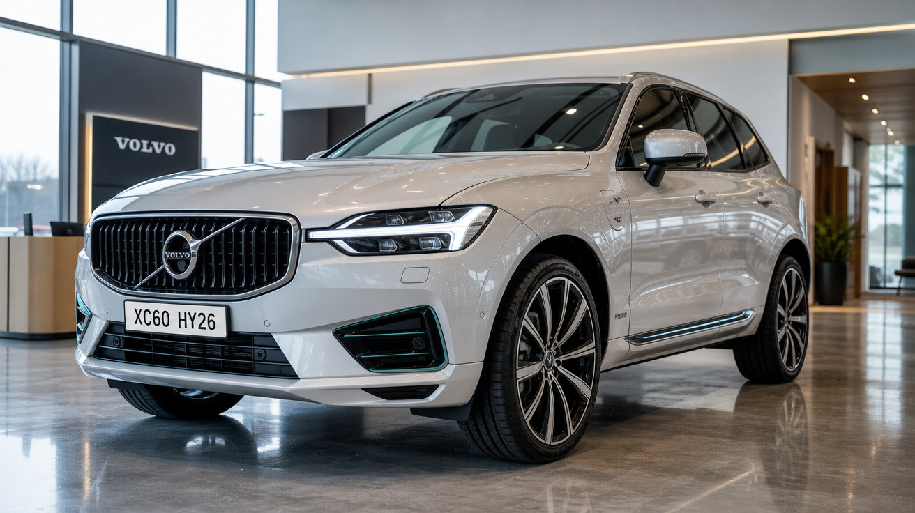 SUV Volvo XC60 híbrido branco estacionado em showroom moderno com piso refletivo e iluminação natural.