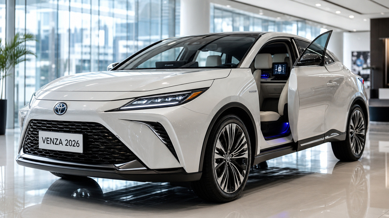 Carro branco Toyota Venza 2026 em showroom com porta dianteira direita aberta.