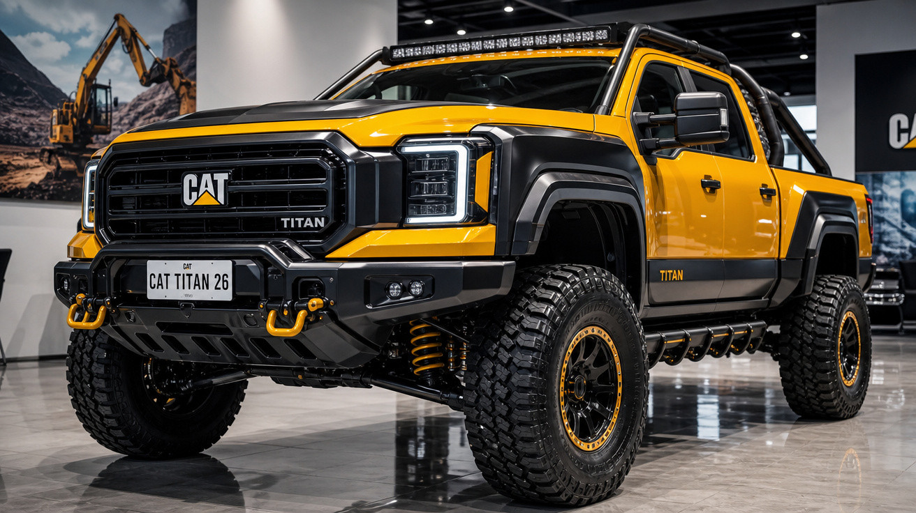 Picape amarela CAT Titan 26 com pneus off-road exposta em showroom moderno.