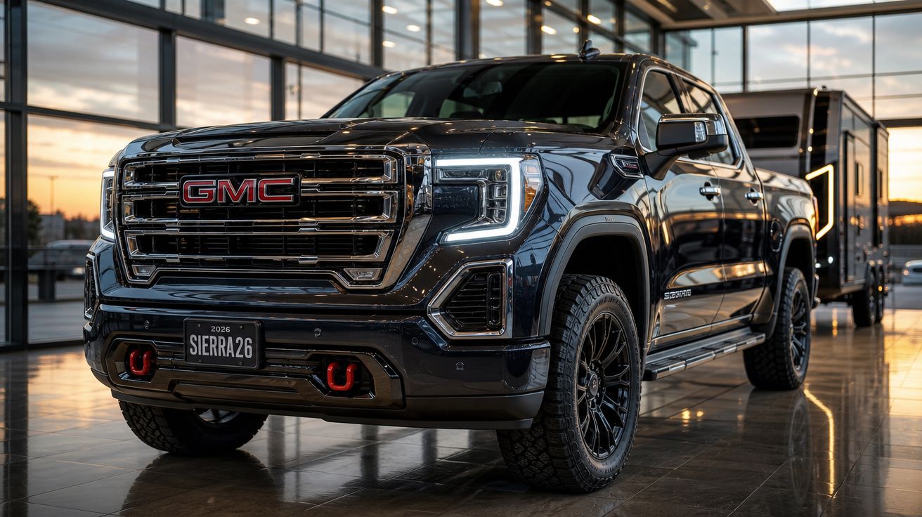Picape preta GMC Sierra 2026 em showroom com iluminação natural ao fundo.