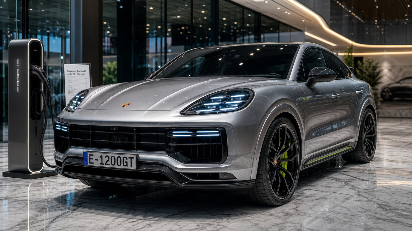 Carro Porsche Cayenne Turbo GT prata carregando em estação elétrica em ambiente moderno e iluminado.
