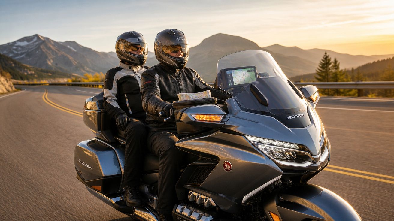 Duas pessoas com capacetes andando de moto Honda em estrada sinuosa ao pôr do sol, com montanhas ao fundo.