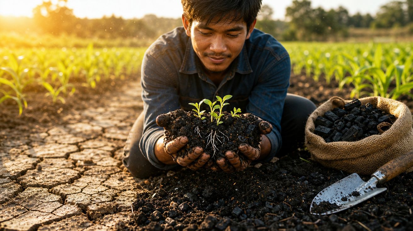 Homem agricultor segurando muda de planta com solo fértil em campo ao pôr do sol.