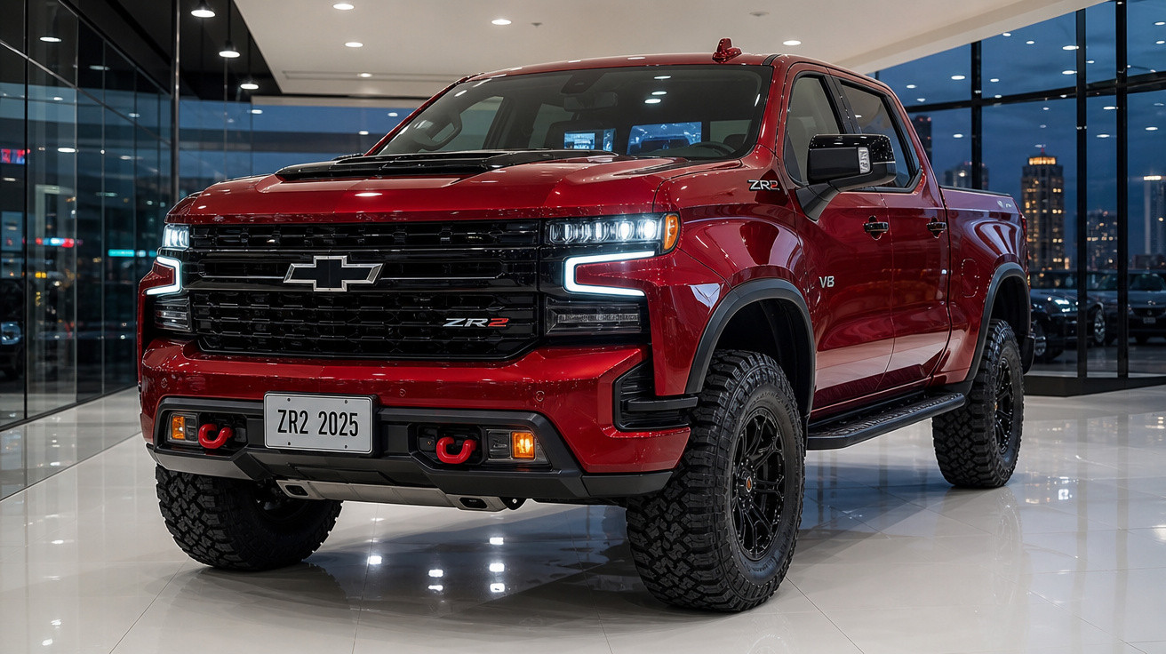 Picape Chevrolet vermelho modelo ZR2 2025 com pneus off-road em showroom iluminado à noite.