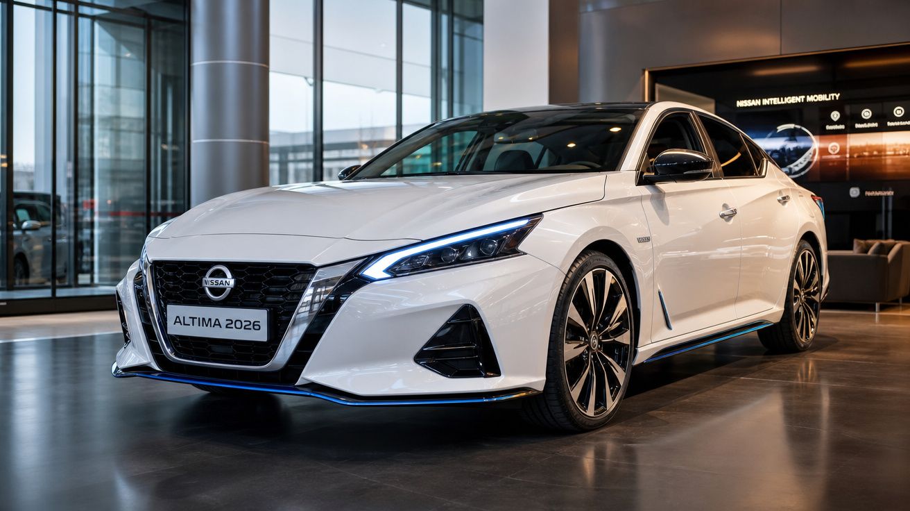 Carro branco Nissan Altima 2026 exibido em showroom moderno com iluminação natural.