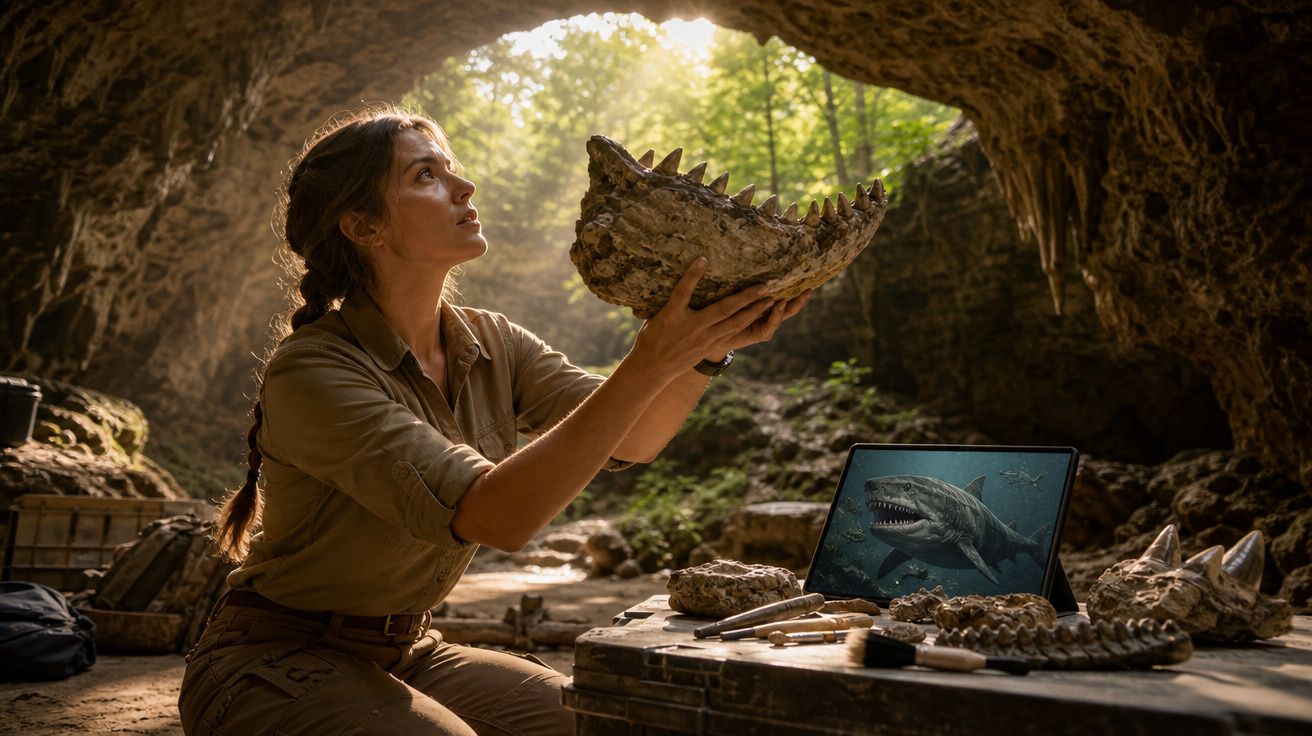 Mulher em caverna segurando fóssil grande, com laptop mostrando imagem de tubarão pré-histórico ao fundo.