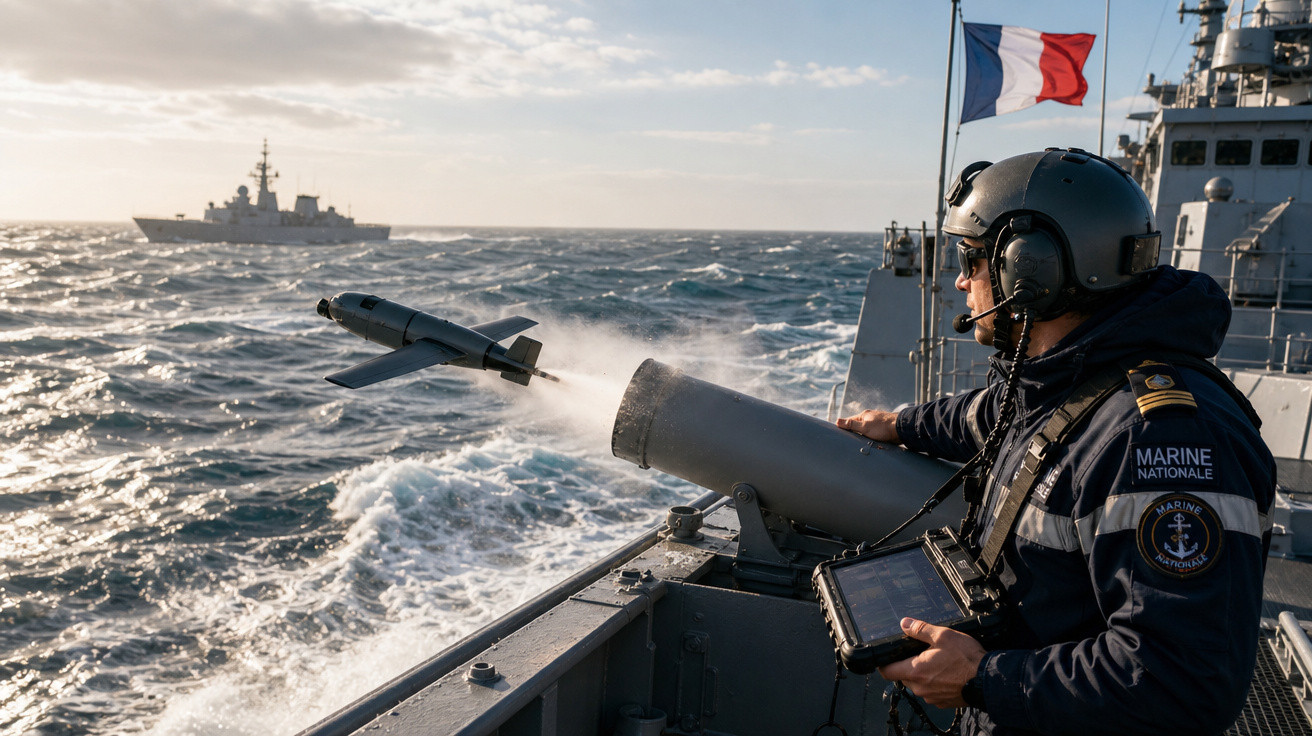 Marinheiro francês com capacete lança torpedo durante exercício naval no mar, com navio ao fundo e bandeira da França.