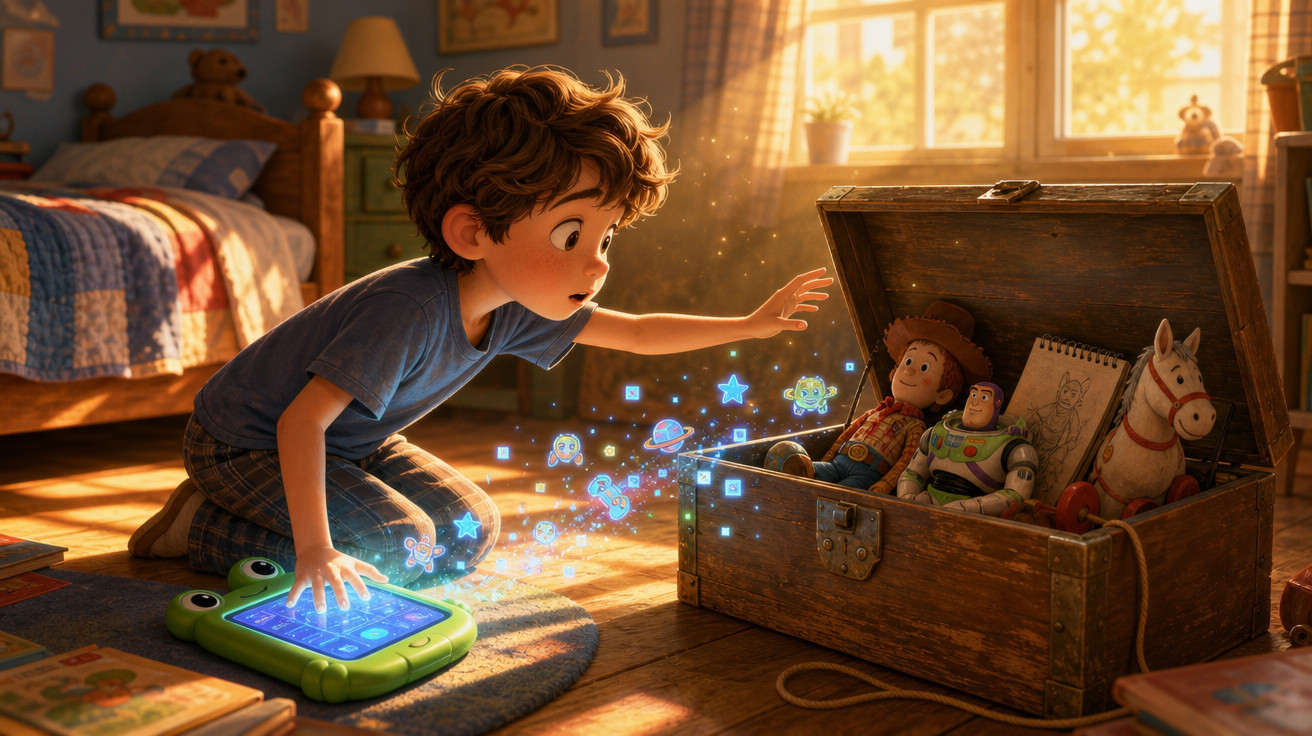 Menino observa uma caixa de brinquedos com personagens e estrelas brilhantes saindo de um tablet verde no chão.