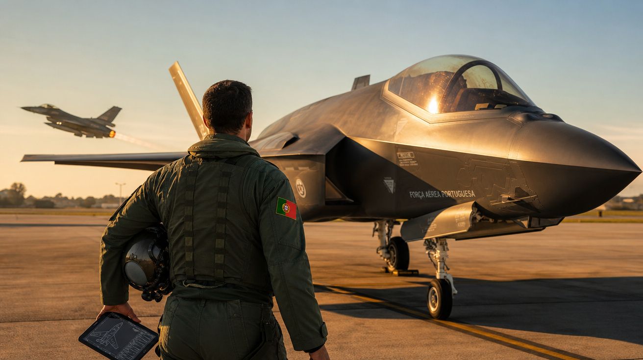 Piloto da Força Aérea Portuguesa de costas olhando para jato F-35 no aeroporto ao pôr do sol.