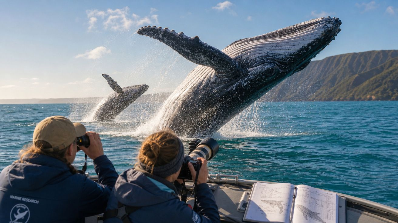 Baleias jubarte emergindo do mar enquanto pesquisadores as fotografam em um barco em alto mar.