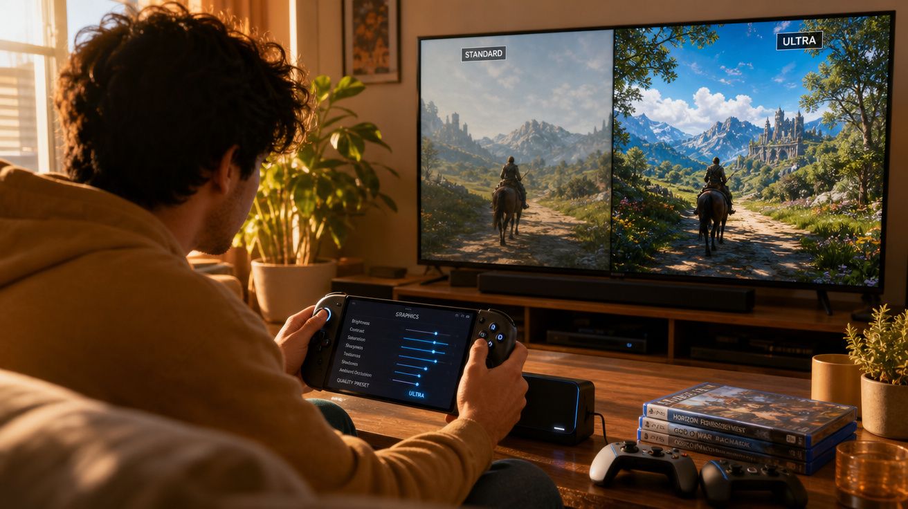 Homem sentado controla videogame com comparação de gráficos Standard e Ultra na TV à sua frente.