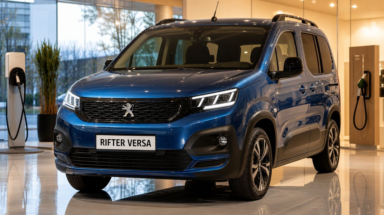 Carro Peugeot Rifter Versa azul exibido em showroom moderno com iluminação interna e estações de carregamento elétrico ao fun